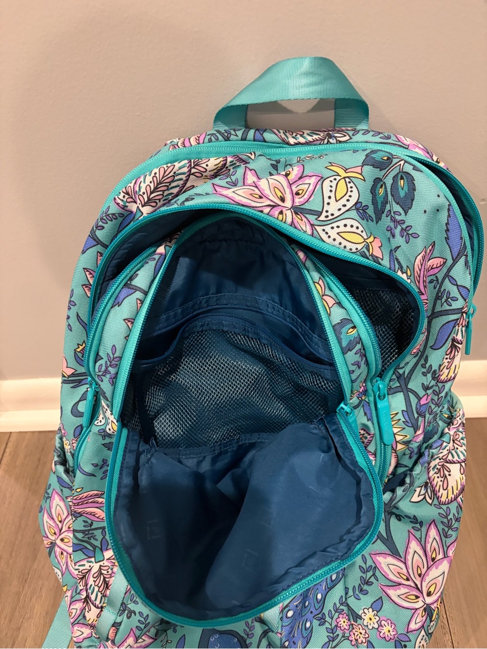 Vera Bradley Teal Floral Pattern Backpack with Pink Accents - Picture 4 of 5